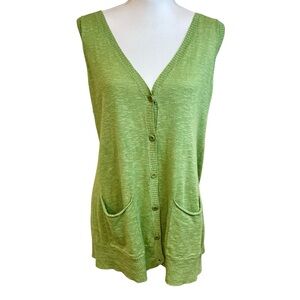 EILEEN FISHER Green Linen Sweater Vest Cardigan Sz M Lagenlook Minimalist Luxury